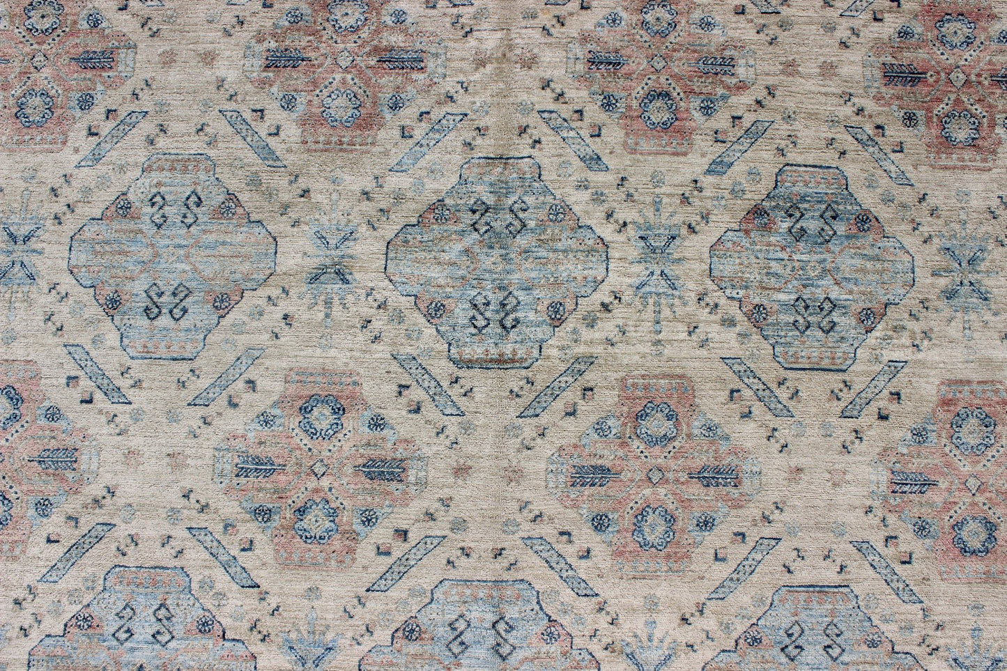 Afghan Khotan Rug with All - Over Geometric Pattern in Pink and Light Blue. Light Khotan rug with geometric Medallions, rug KOL - 67784 country of origin / type: Afghanistan / Khotan This Khotan features a geometric all - over design flanked by a ... - Keivan Woven ArtsKOL - 67784 - 8960Rug