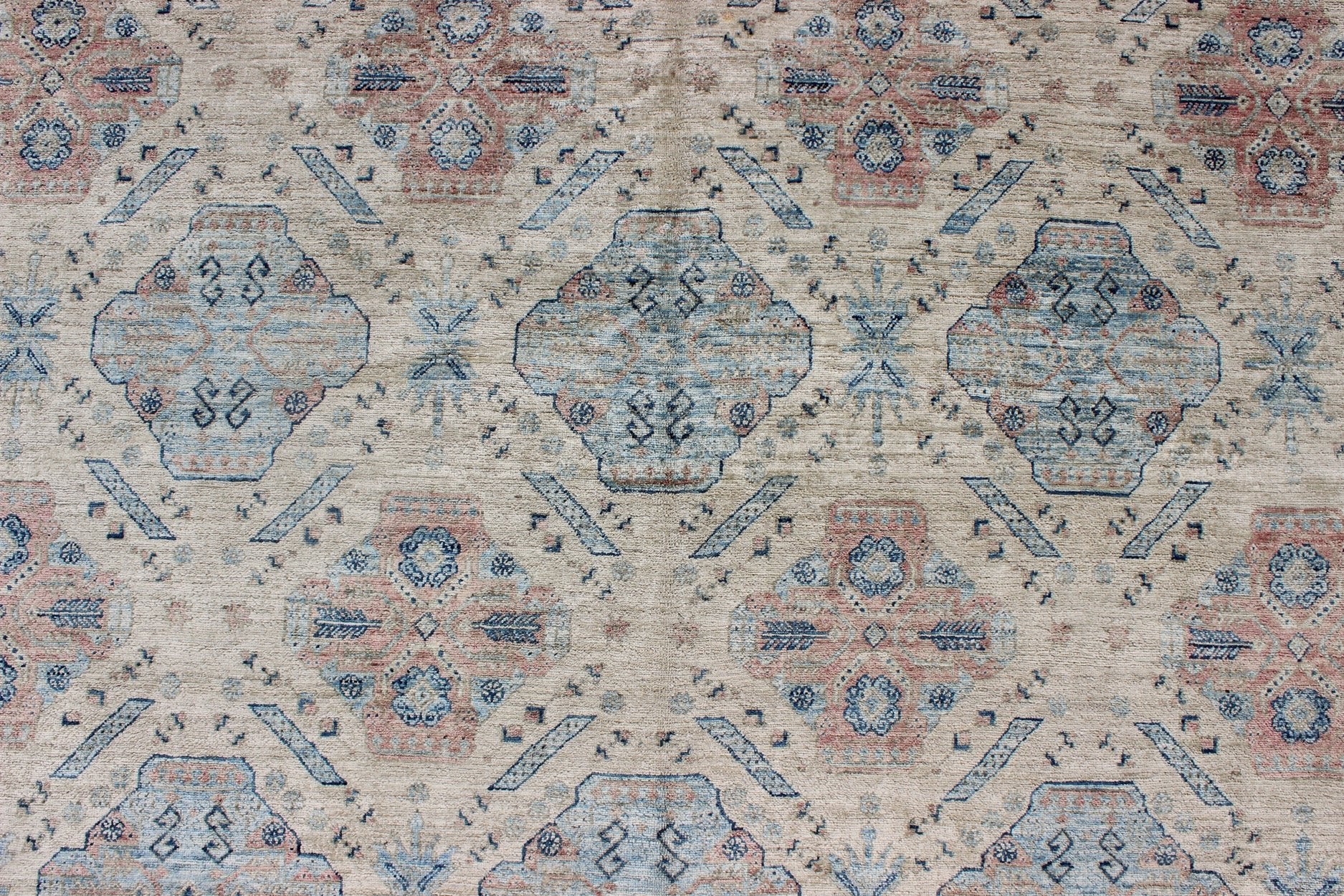 Afghan Khotan Rug with All - Over Geometric Pattern in Pink and Light Blue. Light Khotan rug with geometric Medallions, rug KOL - 67784 country of origin / type: Afghanistan / Khotan This Khotan features a geometric all - over design flanked by a ... - Keivan Woven ArtsKOL - 67784 - 8960Rug