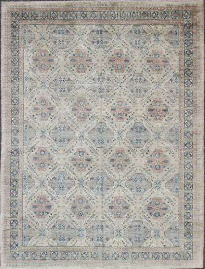 Afghan Khotan Rug with All - Over Geometric Pattern in Pink and Light Blue. Light Khotan rug with geometric Medallions, rug KOL - 67784 country of origin / type: Afghanistan / Khotan This Khotan features a geometric all - over design flanked by a ... - Keivan Woven ArtsKOL - 67784 - 8960Rug