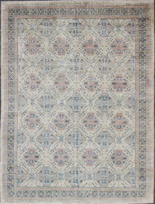 Afghan Khotan Rug with All - Over Geometric Pattern in Pink and Light Blue. Light Khotan rug with geometric Medallions, rug KOL - 67784 country of origin / type: Afghanistan / Khotan This Khotan features a geometric all - over design flanked by a ... - Keivan Woven ArtsKOL - 67784 - 8960Rug