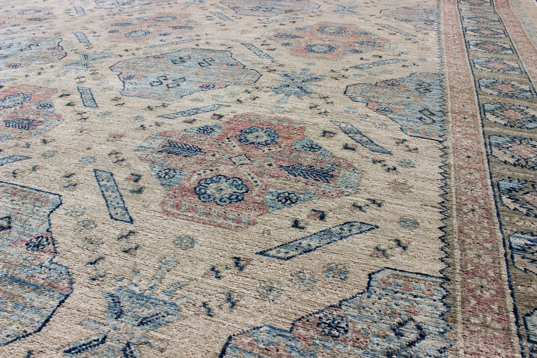 Afghan Khotan Rug with All - Over Geometric Pattern in Pink and Light Blue. Light Khotan rug with geometric Medallions, rug KOL - 67784 country of origin / type: Afghanistan / Khotan This Khotan features a geometric all - over design flanked by a ... - Keivan Woven ArtsKOL - 67784 - 8960Rug