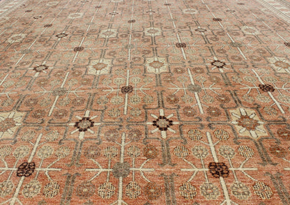 All - Over Design Khotan Rug in Light Tangerine Background. Charcoal, Brown, Green & Taupe Khotan design Rug with all over geometric and square Design in light tangerine background with accent colors of charcoal, brown, green and taupe. rug KOL - 68... - Keivan Woven ArtsKOL - 68165 - 8966Rug