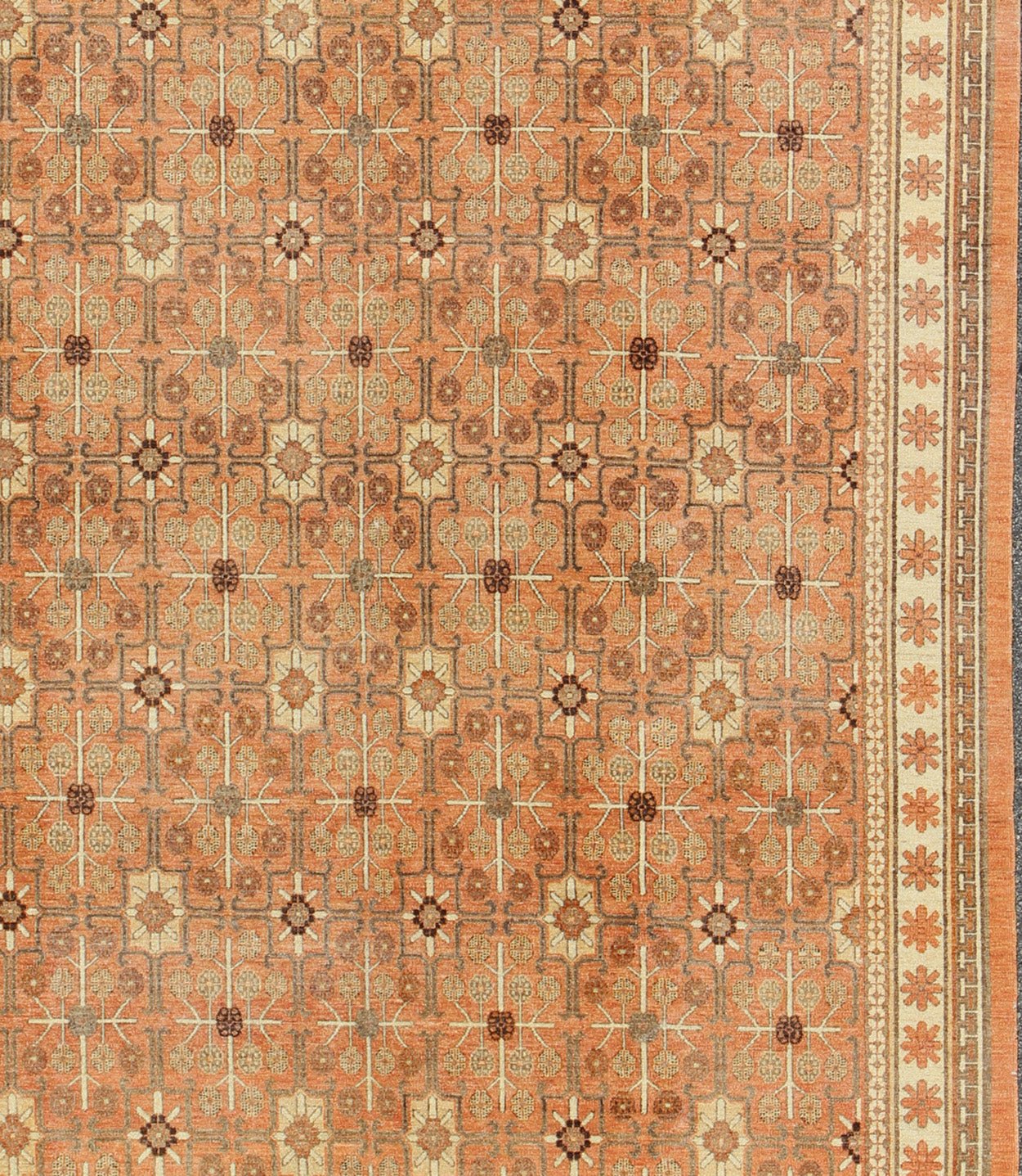 All - Over Design Khotan Rug in Light Tangerine Background. Charcoal, Brown, Green & Taupe Khotan design Rug with all over geometric and square Design in light tangerine background with accent colors of charcoal, brown, green and taupe. rug KOL - 68... - Keivan Woven ArtsKOL - 68165 - 8966Rug