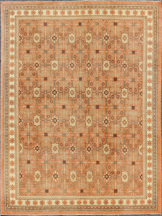 All - Over Design Khotan Rug in Light Tangerine Background. Charcoal, Brown, Green & Taupe Khotan design Rug with all over geometric and square Design in light tangerine background with accent colors of charcoal, brown, green and taupe. rug KOL - 68... - Keivan Woven ArtsKOL - 68165 - 8966Rug