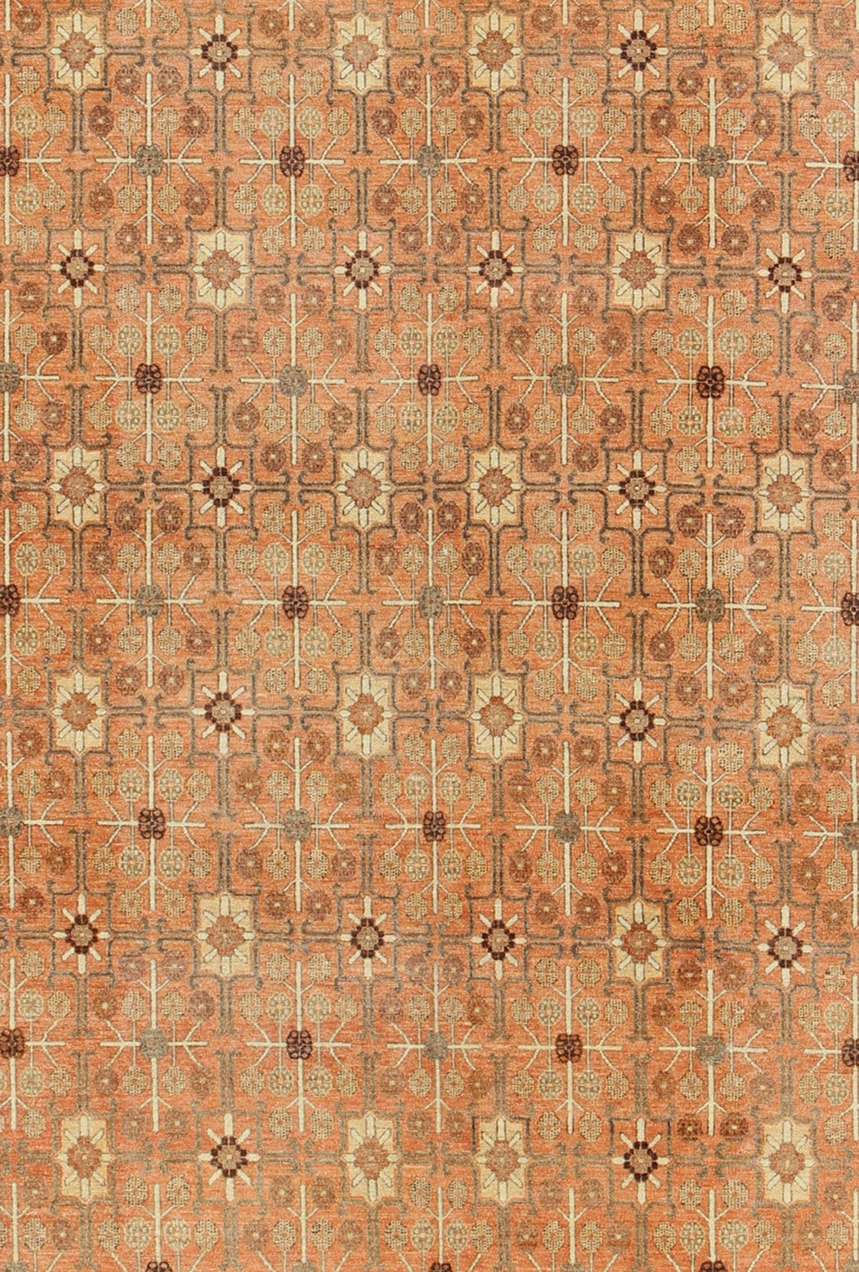All - Over Design Khotan Rug in Light Tangerine Background. Charcoal, Brown, Green & Taupe Khotan design Rug with all over geometric and square Design in light tangerine background with accent colors of charcoal, brown, green and taupe. rug KOL - 68... - Keivan Woven ArtsKOL - 68165 - 8966Rug