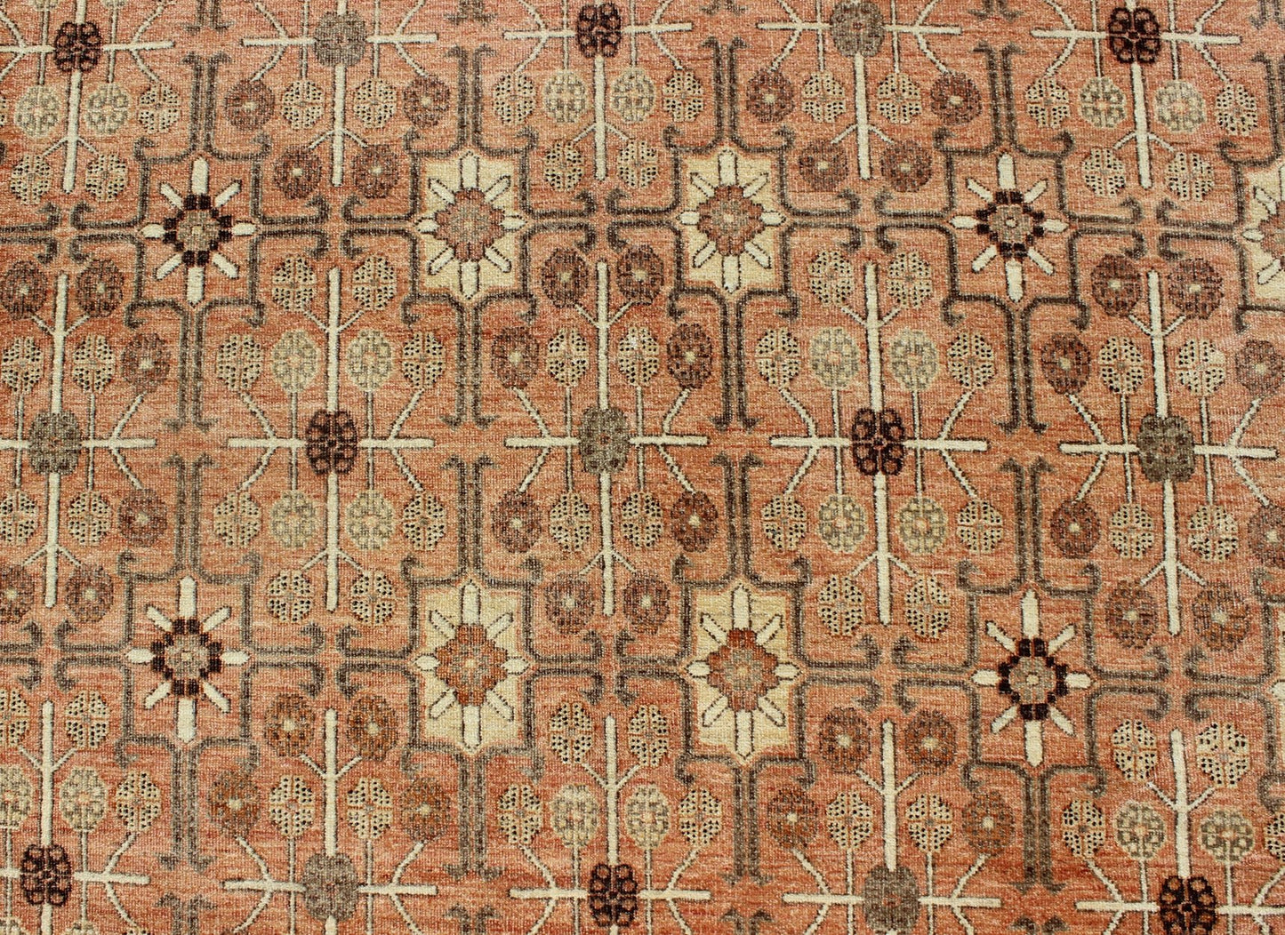 All - Over Design Khotan Rug in Light Tangerine Background. Charcoal, Brown, Green & Taupe Khotan design Rug with all over geometric and square Design in light tangerine background with accent colors of charcoal, brown, green and taupe. rug KOL - 68... - Keivan Woven ArtsKOL - 68165 - 8966Rug