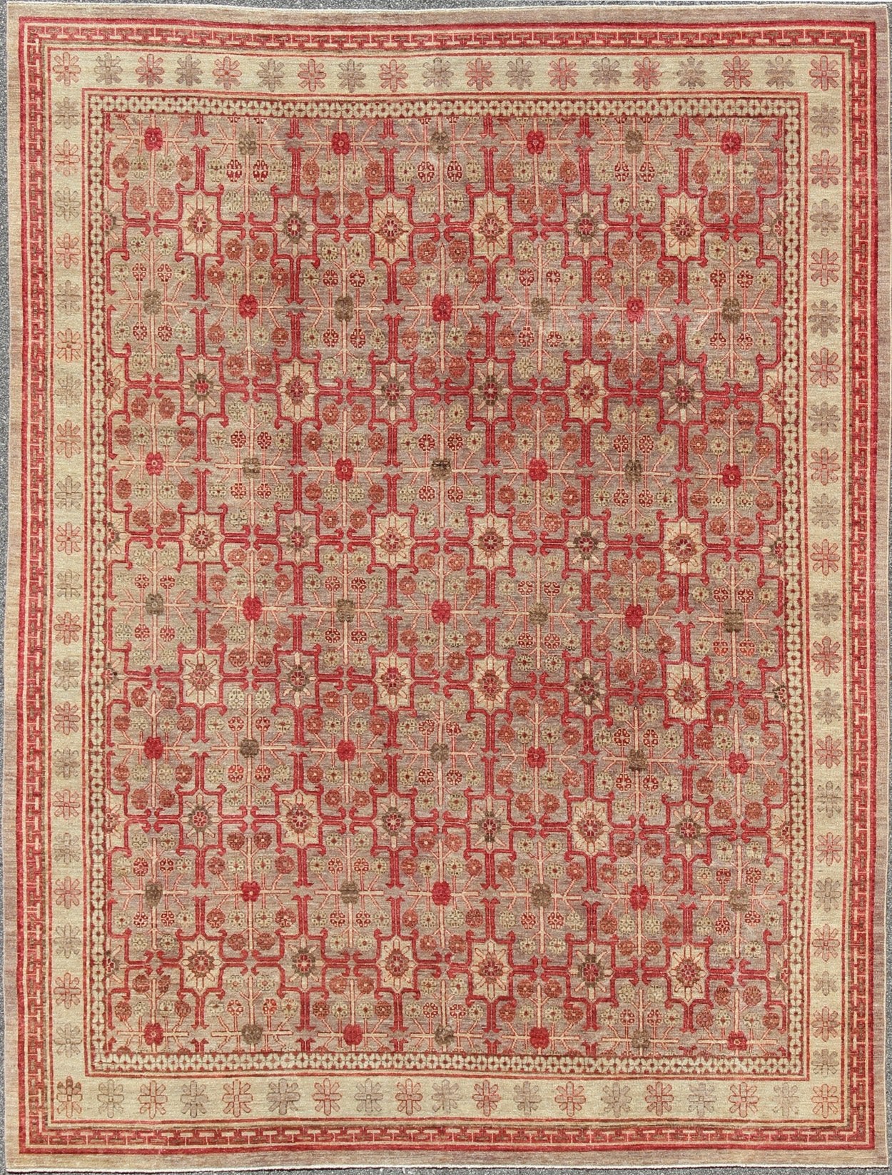 All - Over Khotan Design Rug in Light Gray and Raspberry Background. Khotan design Rug with all over Geometric Design. rug KOL - 68165, country of origin / type: Afghanistan / Khotan This Khotan features an all over repeating geometric Design f... - Keivan Woven ArtsKOL - 69281 - 8972Rug