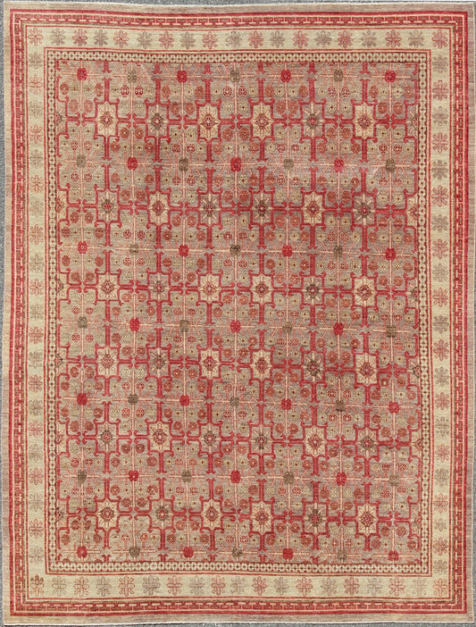 All - Over Khotan Design Rug in Light Gray and Raspberry Background. Khotan design Rug with all over Geometric Design. rug KOL - 68165, country of origin / type: Afghanistan / Khotan This Khotan features an all over repeating geometric Design f... - Keivan Woven ArtsKOL - 69281 - 8972Rug