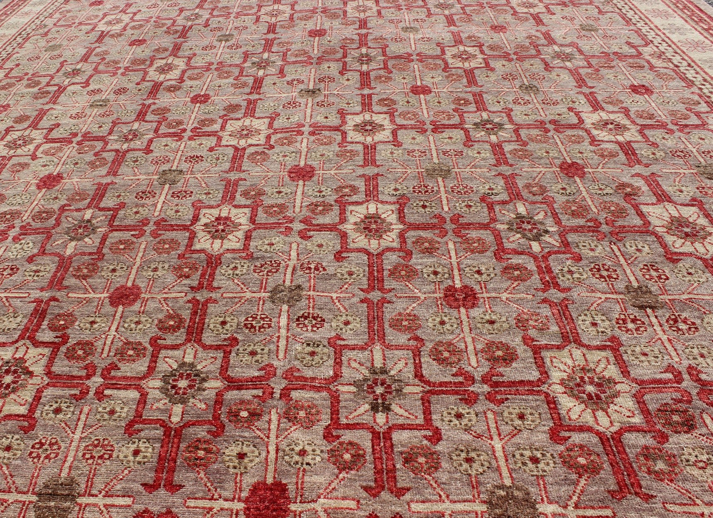 All - Over Khotan Design Rug in Light Gray and Raspberry Background. Khotan design Rug with all over Geometric Design. rug KOL - 68165, country of origin / type: Afghanistan / Khotan This Khotan features an all over repeating geometric Design f... - Keivan Woven ArtsKOL - 69281 - 8972Rug