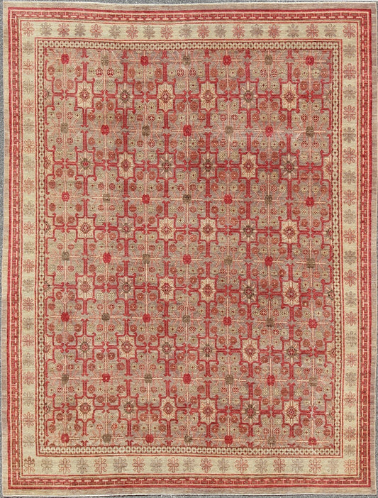 All - Over Khotan Design Rug in Light Gray and Raspberry Background. Khotan design Rug with all over Geometric Design. rug KOL - 68165, country of origin / type: Afghanistan / Khotan This Khotan features an all over repeating geometric Design f... - Keivan Woven ArtsKOL - 69281 - 8972