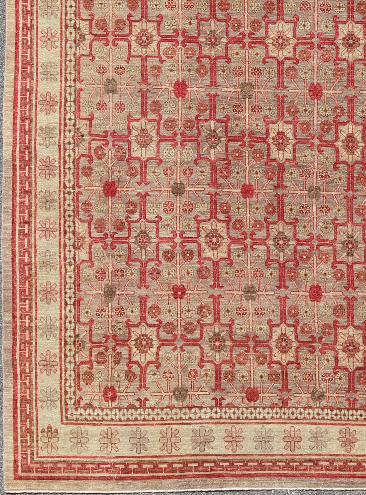 All - Over Khotan Design Rug in Light Gray and Raspberry Background. Khotan design Rug with all over Geometric Design. rug KOL - 68165, country of origin / type: Afghanistan / Khotan This Khotan features an all over repeating geometric Design f... - Keivan Woven ArtsKOL - 69281 - 8972Rug