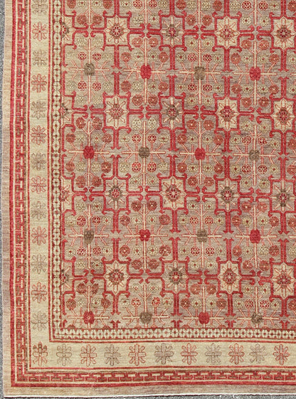All - Over Khotan Design Rug in Light Gray and Raspberry Background. Khotan design Rug with all over Geometric Design. rug KOL - 68165, country of origin / type: Afghanistan / Khotan This Khotan features an all over repeating geometric Design f... - Keivan Woven ArtsKOL - 69281 - 8972Rug