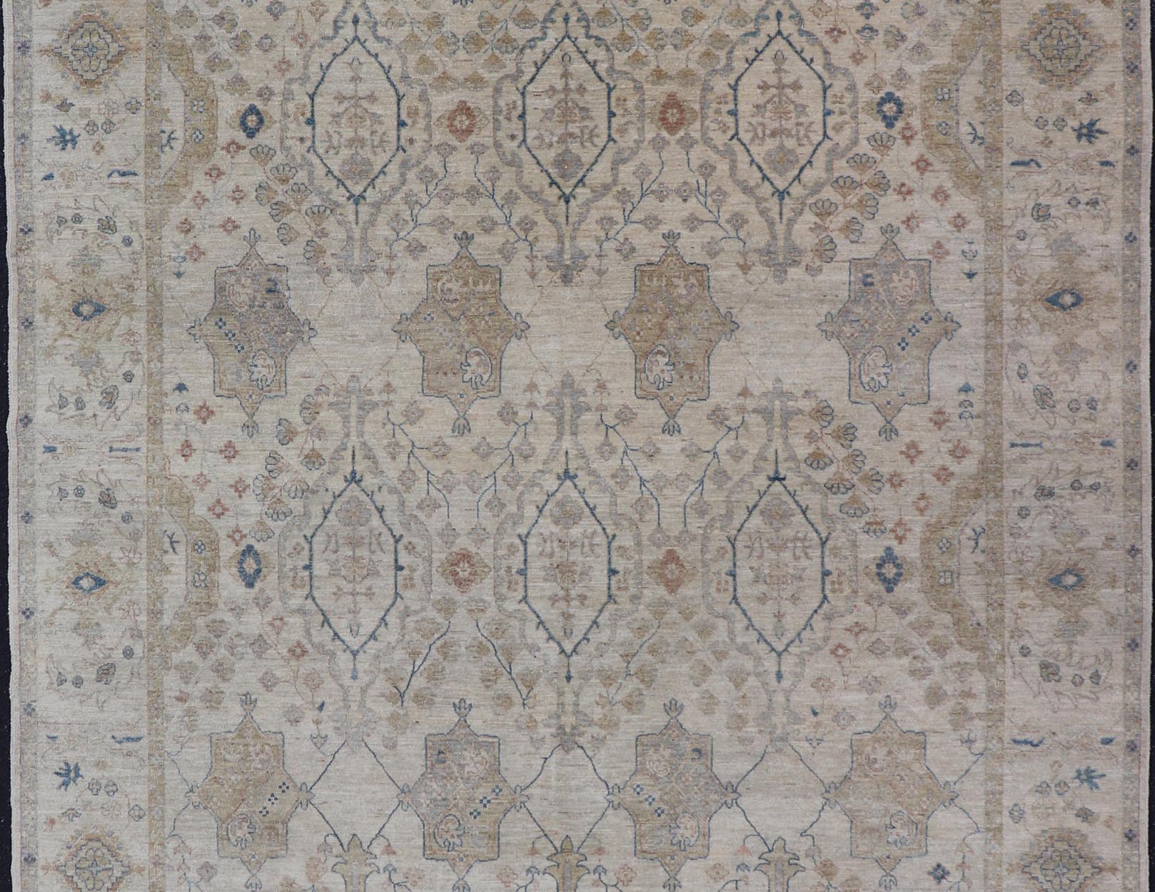 Afghan Khotan Rug with All - Over Geometric Pattern in Tan, Taupe, and Light Blue. Keivan Woven Arts / rug KOL - 69825 country of origin / type: Afghanistan / Khotan. Measures: 9'0 x 12'0 This Khotan features a geometric all - over design flanked by ... - Keivan Woven ArtsKOL - 69825 - 9114Rug