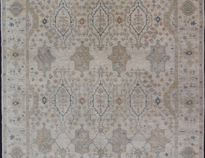 Afghan Khotan Rug with All - Over Geometric Pattern in Tan, Taupe, and Light Blue. Keivan Woven Arts / rug KOL - 69825 country of origin / type: Afghanistan / Khotan. Measures: 9'0 x 12'0 This Khotan features a geometric all - over design flanked by ... - Keivan Woven ArtsKOL - 69825 - 9114Rug