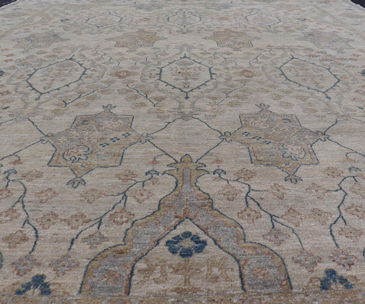 Afghan Khotan Rug with All - Over Geometric Pattern in Tan, Taupe, and Light Blue. Keivan Woven Arts / rug KOL - 69825 country of origin / type: Afghanistan / Khotan. Measures: 9'0 x 12'0 This Khotan features a geometric all - over design flanked by ... - Keivan Woven ArtsKOL - 69825 - 9114