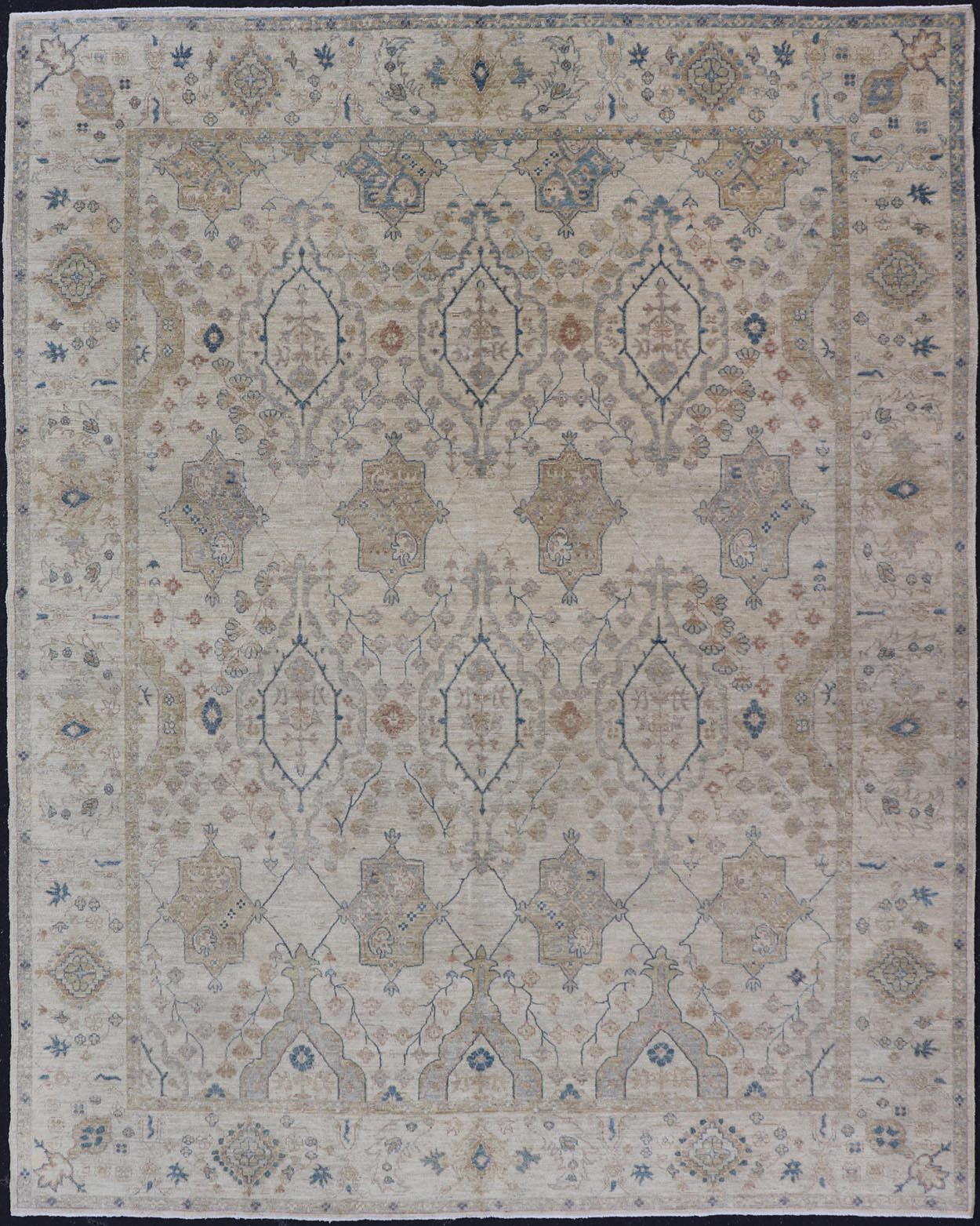 Afghan Khotan Rug with All - Over Geometric Pattern in Tan, Taupe, and Light Blue. Keivan Woven Arts / rug KOL - 69825 country of origin / type: Afghanistan / Khotan. Measures: 9'0 x 12'0 This Khotan features a geometric all - over design flanked by ... - Keivan Woven ArtsKOL - 69825 - 9114Rug