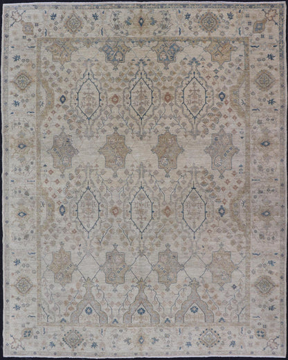 Afghan Khotan Rug with All - Over Geometric Pattern in Tan, Taupe, and Light Blue. Keivan Woven Arts / rug KOL - 69825 country of origin / type: Afghanistan / Khotan. Measures: 9'0 x 12'0 This Khotan features a geometric all - over design flanked by ... - Keivan Woven ArtsKOL - 69825 - 9114Rug