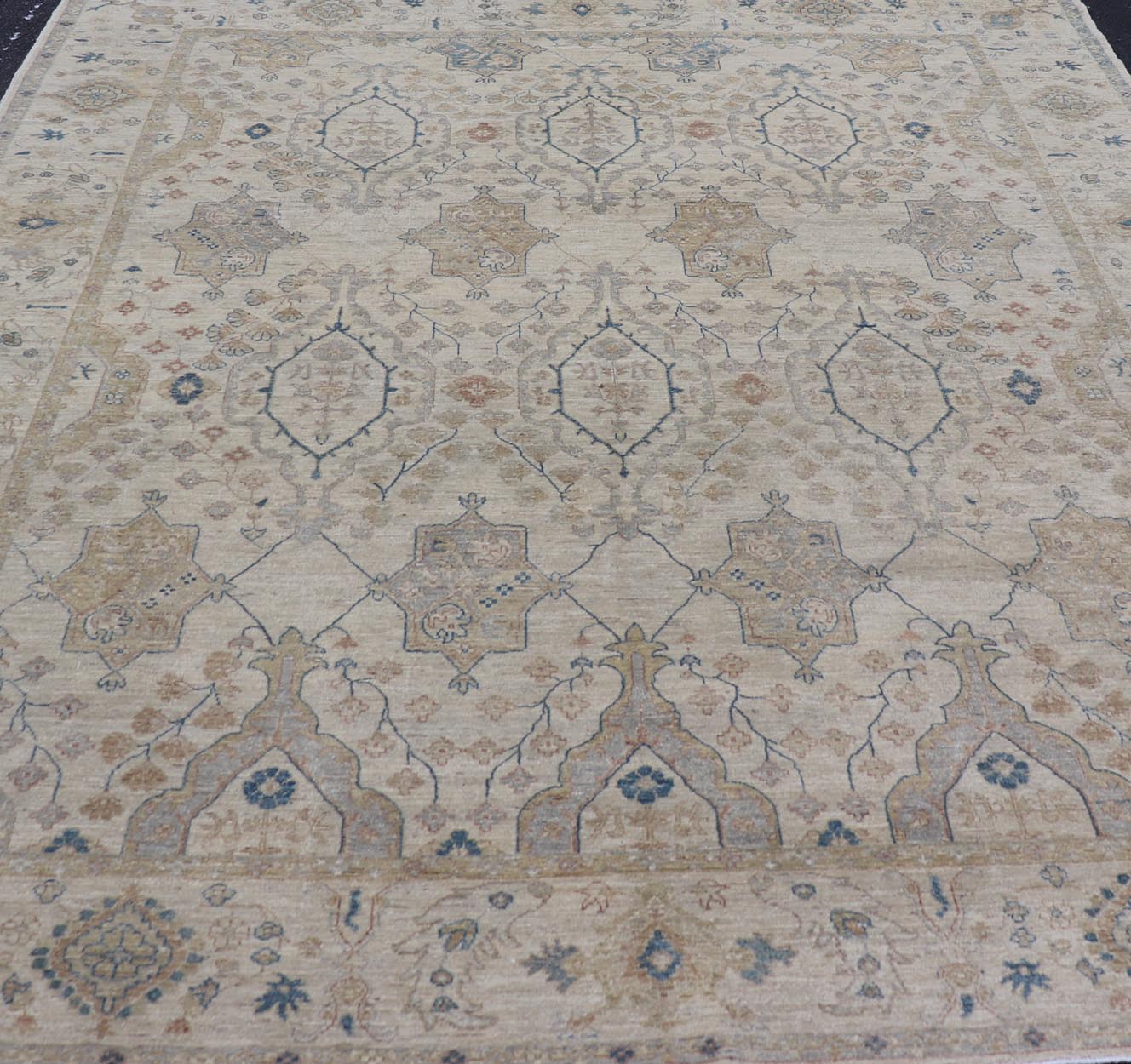 Afghan Khotan Rug with All - Over Geometric Pattern in Tan, Taupe, and Light Blue. Keivan Woven Arts / rug KOL - 69825 country of origin / type: Afghanistan / Khotan. Measures: 9'0 x 12'0 This Khotan features a geometric all - over design flanked by ... - Keivan Woven ArtsKOL - 69825 - 9114Rug