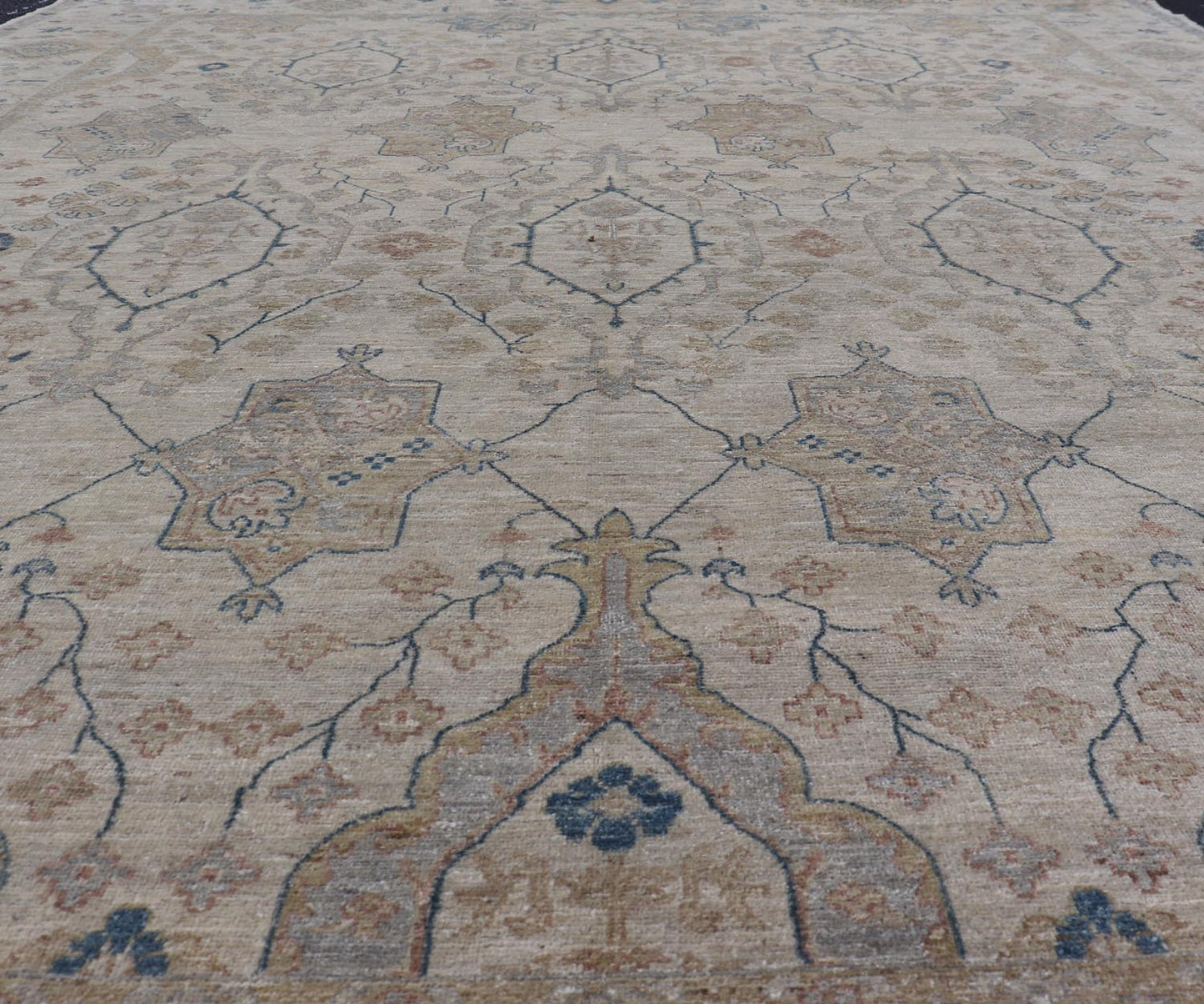 Afghan Khotan Rug with All - Over Geometric Pattern in Tan, Taupe, and Light Blue. Keivan Woven Arts / rug KOL - 69825 country of origin / type: Afghanistan / Khotan. Measures: 9'0 x 12'0 This Khotan features a geometric all - over design flanked by ... - Keivan Woven ArtsKOL - 69825 - 9114Rug