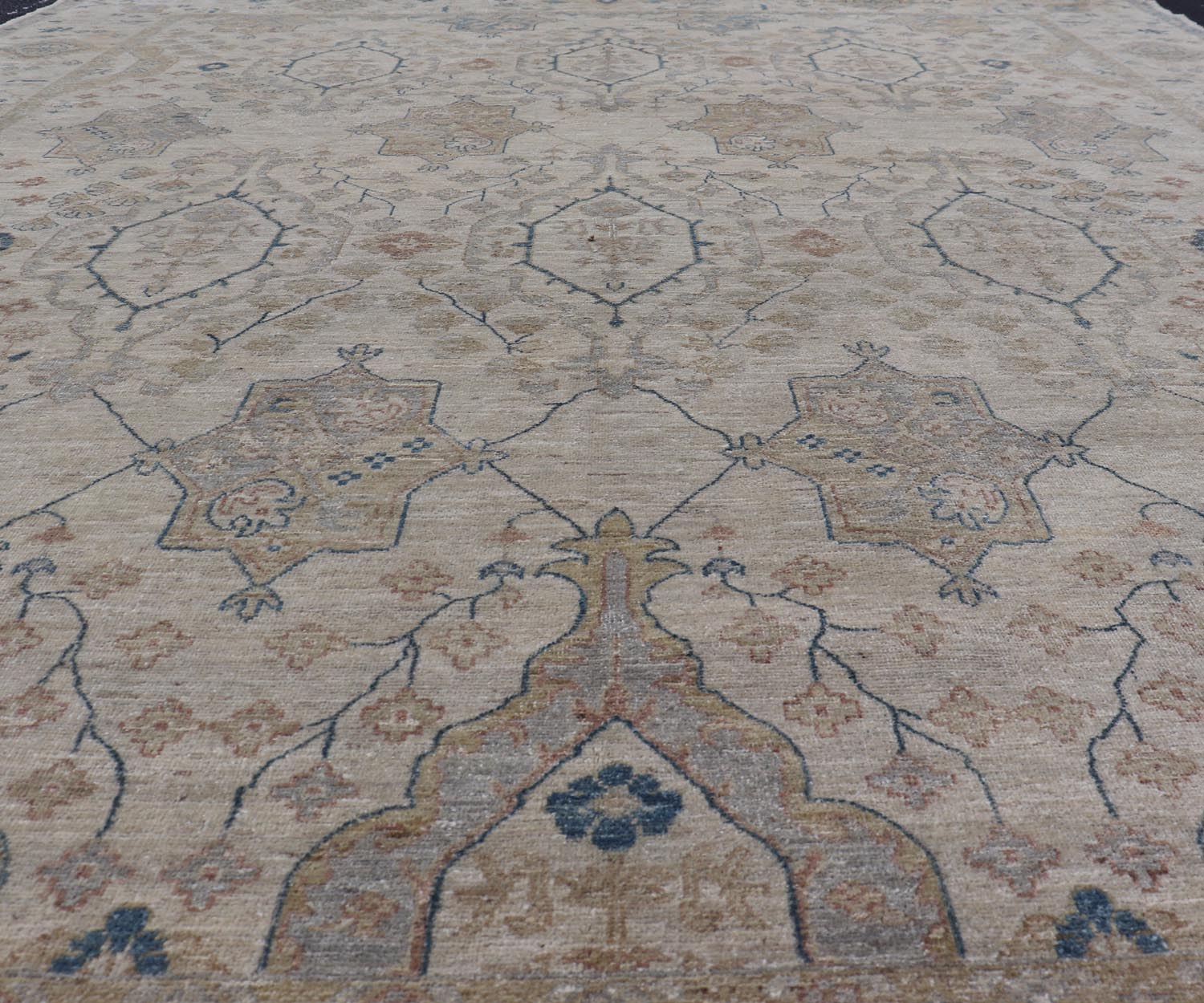 Afghan Khotan Rug with All - Over Geometric Pattern in Tan, Taupe, and Light Blue. Keivan Woven Arts / rug KOL - 69825 country of origin / type: Afghanistan / Khotan. Measures: 9'0 x 12'0 This Khotan features a geometric all - over design flanked by ... - Keivan Woven ArtsKOL - 69825 - 9114Rug
