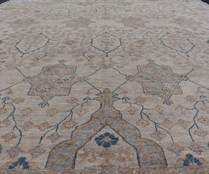 Afghan Khotan Rug with All - Over Geometric Pattern in Tan, Taupe, and Light Blue. Keivan Woven Arts / rug KOL - 69825 country of origin / type: Afghanistan / Khotan. Measures: 9'0 x 12'0 This Khotan features a geometric all - over design flanked by ... - Keivan Woven ArtsKOL - 69825 - 9114Rug