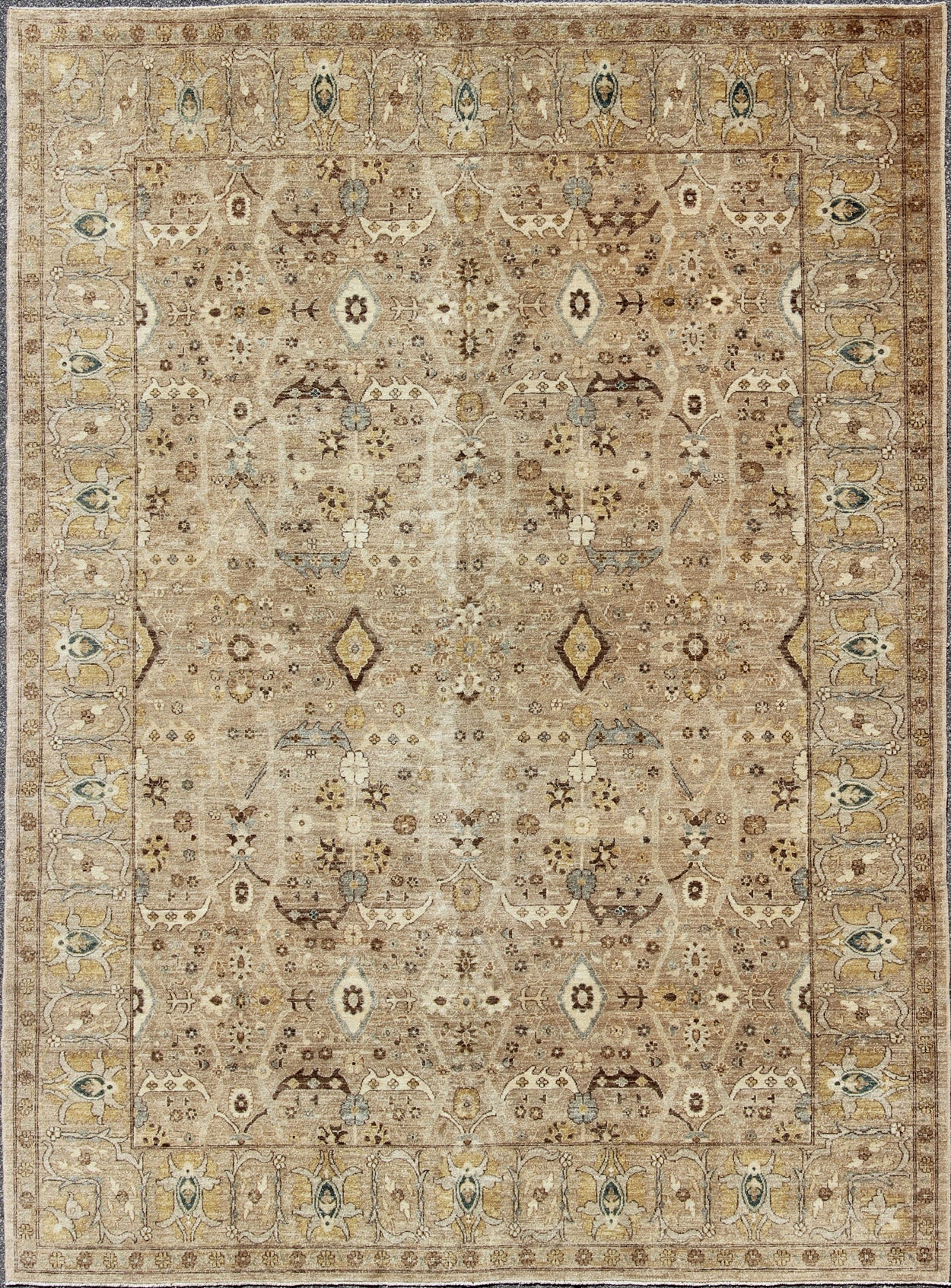 Tabriz Design rug with light Camel Background, Light Brown, tan , Light Brown, Lt. Blue, Yellow. Tabriz Design rug with light Camel Background, Light Brown, tan , Light Brown, Lt. Blue, Yellow, and neutral color palette and all - over flower desig... - Keivan Woven ArtsKOL - 69996 - 8978Rug