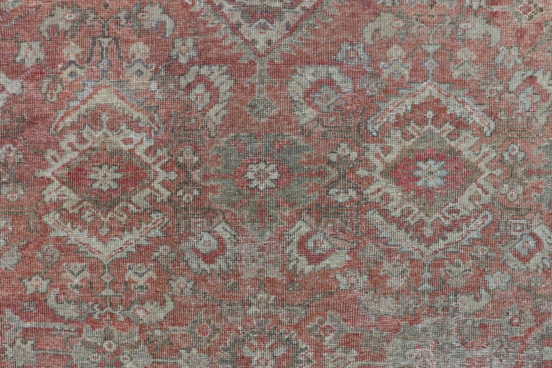 Distressed Antique Sultanabad Rug in Faded Red Background and Brown Border Keivan Woven Arts - Sultanabad Mahal antique Distressed rug from Persia with all - over geometric design, rug/L11 - 0104, country of origin / type: Iran / Mahal, circa 1920 fa... - Keivan Woven ArtsL11 - 0104 - 2364Rug