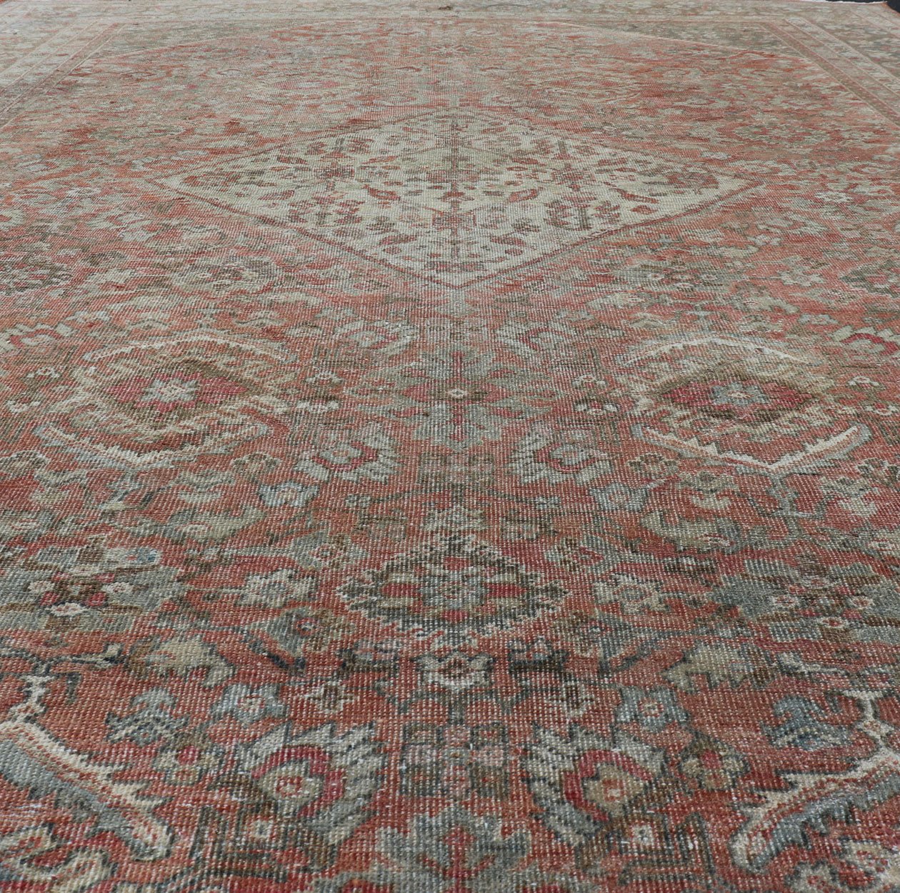 Distressed Antique Sultanabad Rug in Faded Red Background and Brown Border Keivan Woven Arts - Sultanabad Mahal antique Distressed rug from Persia with all - over geometric design, rug/L11 - 0104, country of origin / type: Iran / Mahal, circa 1920 fa... - Keivan Woven ArtsL11 - 0104 - 2364Rug