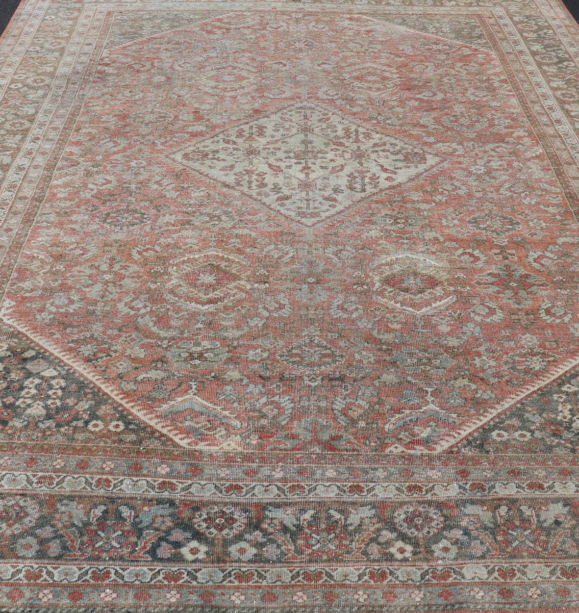 Distressed Antique Sultanabad Rug in Faded Red Background and Brown Border Keivan Woven Arts - Sultanabad Mahal antique Distressed rug from Persia with all - over geometric design, rug/L11 - 0104, country of origin / type: Iran / Mahal, circa 1920 fa... - Keivan Woven ArtsL11 - 0104 - 2364Rug