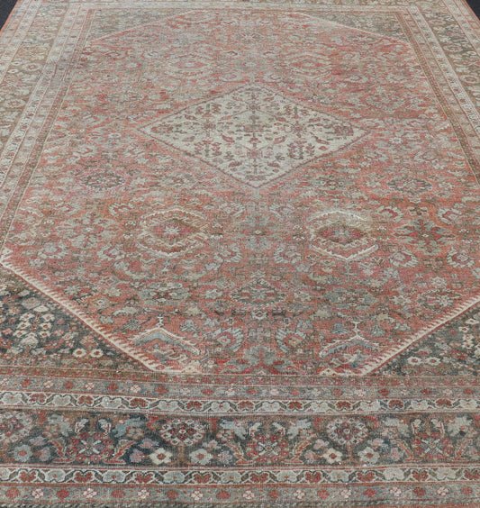 Distressed Antique Sultanabad Rug in Faded Red Background and Brown Border Keivan Woven Arts - Sultanabad Mahal antique Distressed rug from Persia with all - over geometric design, rug/L11 - 0104, country of origin / type: Iran / Mahal, circa 1920 fa... - Keivan Woven ArtsL11 - 0104 - 2364Rug