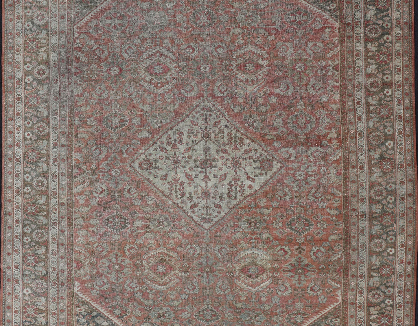 Distressed Antique Sultanabad Rug in Faded Red Background and Brown Border Keivan Woven Arts - Sultanabad Mahal antique Distressed rug from Persia with all - over geometric design, rug/L11 - 0104, country of origin / type: Iran / Mahal, circa 1920 fa... - Keivan Woven ArtsL11 - 0104 - 2364Rug
