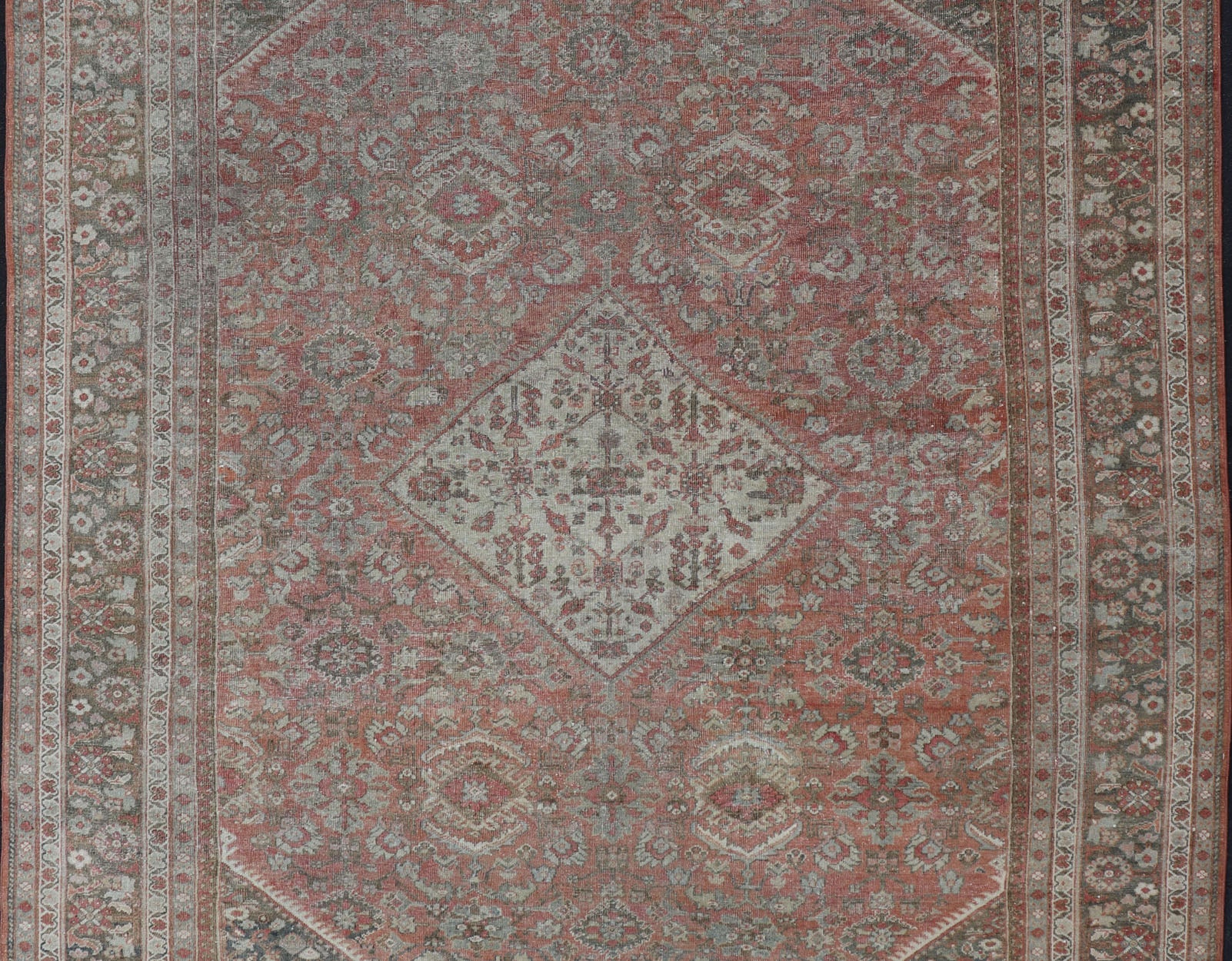 Distressed Antique Sultanabad Rug in Faded Red Background and Brown Border Keivan Woven Arts - Sultanabad Mahal antique Distressed rug from Persia with all - over geometric design, rug/L11 - 0104, country of origin / type: Iran / Mahal, circa 1920 fa... - Keivan Woven ArtsL11 - 0104 - 2364Rug