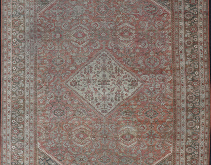 Distressed Antique Sultanabad Rug in Faded Red Background and Brown Border Keivan Woven Arts - Sultanabad Mahal antique Distressed rug from Persia with all - over geometric design, rug/L11 - 0104, country of origin / type: Iran / Mahal, circa 1920 fa... - Keivan Woven ArtsL11 - 0104 - 2364Rug