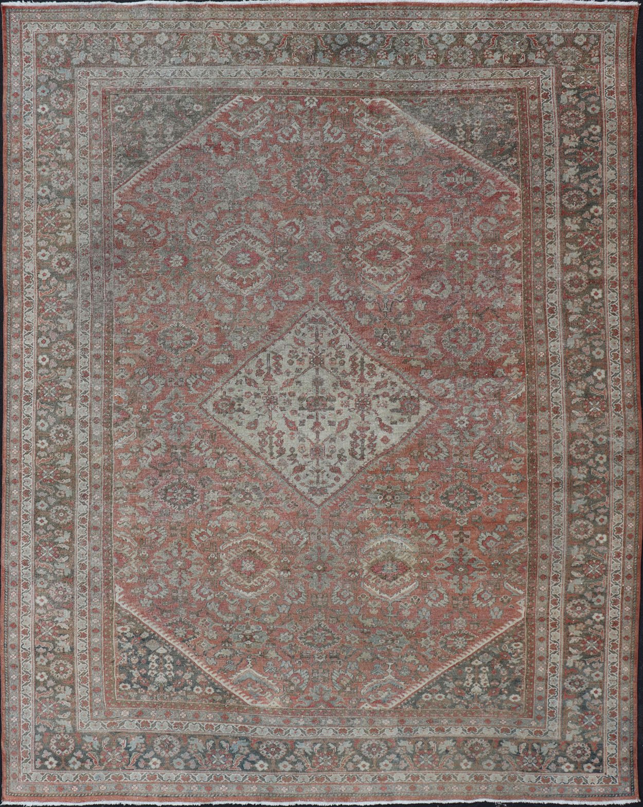 Distressed Antique Sultanabad Rug in Faded Red Background and Brown Border Keivan Woven Arts - Sultanabad Mahal antique Distressed rug from Persia with all - over geometric design, rug/L11 - 0104, country of origin / type: Iran / Mahal, circa 1920 fa... - Keivan Woven ArtsL11 - 0104 - 2364Rug
