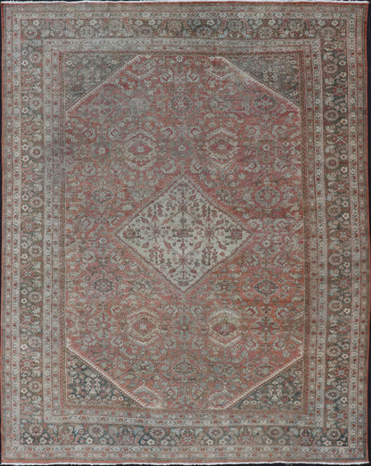 Distressed Antique Sultanabad Rug in Faded Red Background and Brown Border Keivan Woven Arts - Sultanabad Mahal antique Distressed rug from Persia with all - over geometric design, rug/L11 - 0104, country of origin / type: Iran / Mahal, circa 1920 fa... - Keivan Woven ArtsL11 - 0104 - 2364Rug
