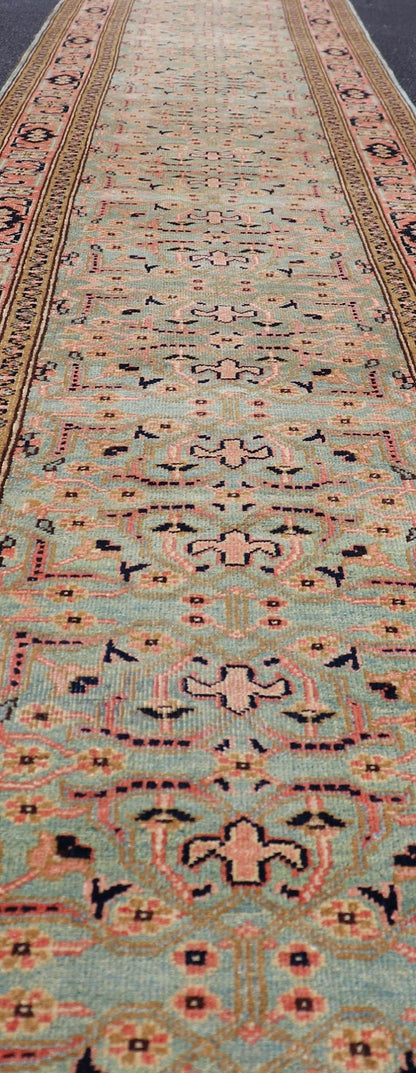 Oversized Vintage Turkish Oushak Runner with All - Over Sub - Geometric Design This Oversized Vintage Turkish Oushak Runner features an all - over sub - geometric design set upon a green background. The entirety of the piece is enclosed within a compl... - Keivan Woven ArtsL11 - 0106 - 2370Rug