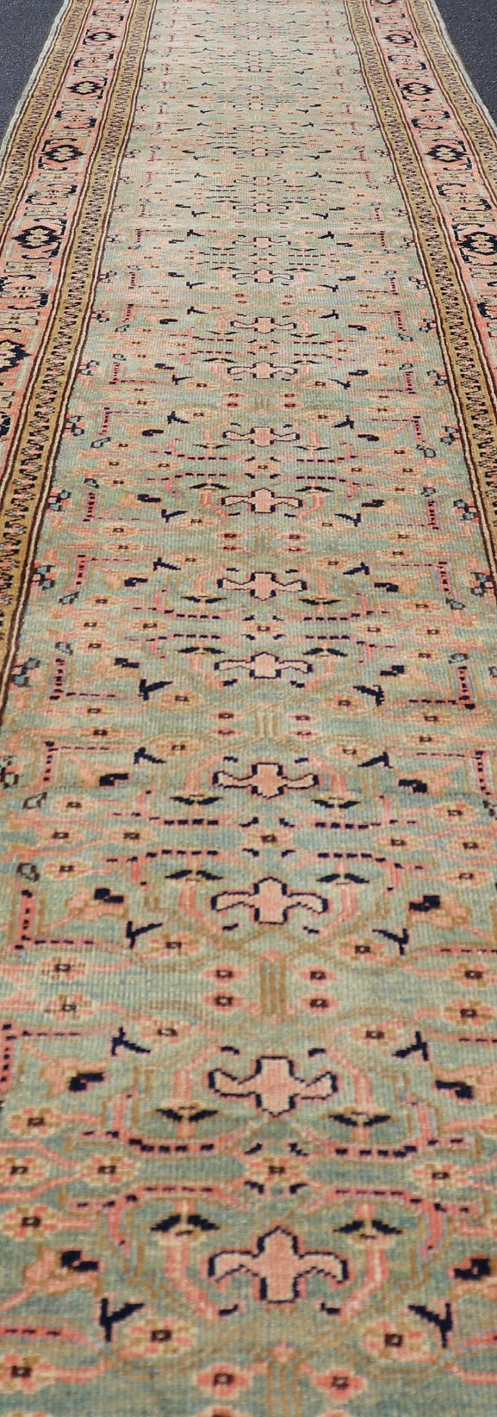 Oversized Vintage Turkish Oushak Runner with All - Over Sub - Geometric Design This Oversized Vintage Turkish Oushak Runner features an all - over sub - geometric design set upon a green background. The entirety of the piece is enclosed within a compl... - Keivan Woven ArtsL11 - 0106 - 2370Rug