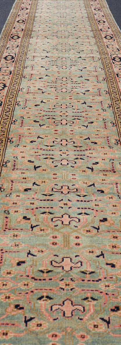 Oversized Vintage Turkish Oushak Runner with All - Over Sub - Geometric Design This Oversized Vintage Turkish Oushak Runner features an all - over sub - geometric design set upon a green background. The entirety of the piece is enclosed within a compl... - Keivan Woven ArtsL11 - 0106 - 2370Rug
