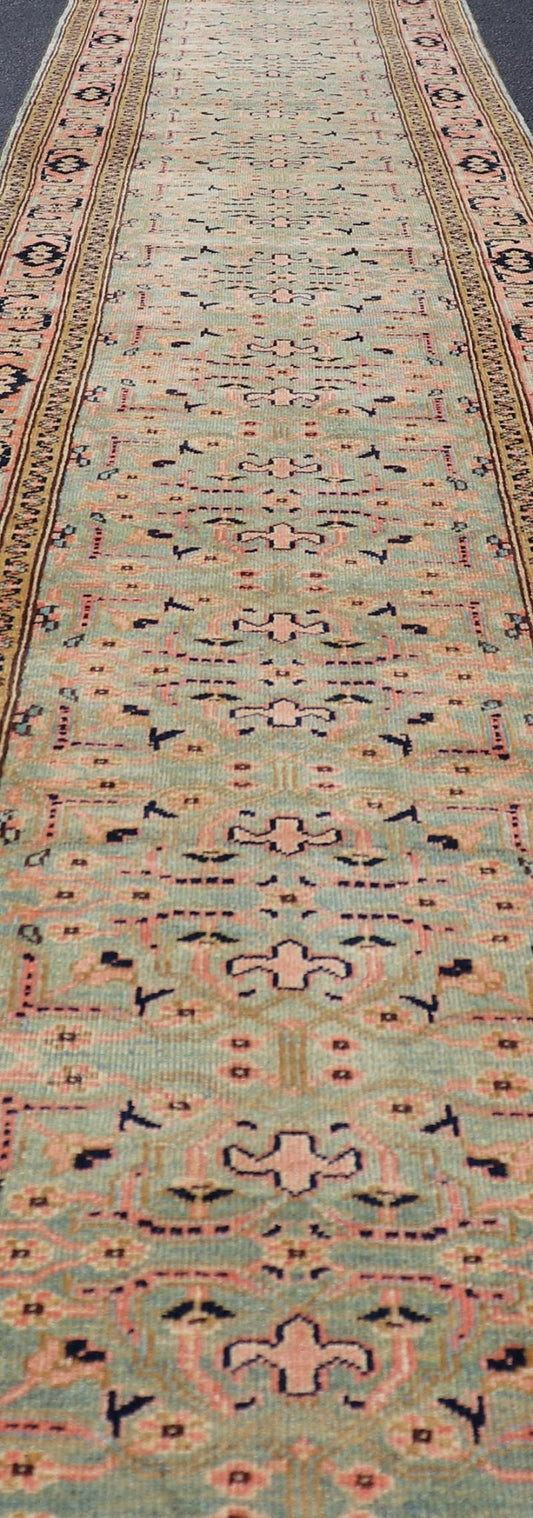 Oversized Vintage Turkish Oushak Runner with All - Over Sub - Geometric Design This Oversized Vintage Turkish Oushak Runner features an all - over sub - geometric design set upon a green background. The entirety of the piece is enclosed within a compl... - Keivan Woven ArtsL11 - 0106 - 2370Rug