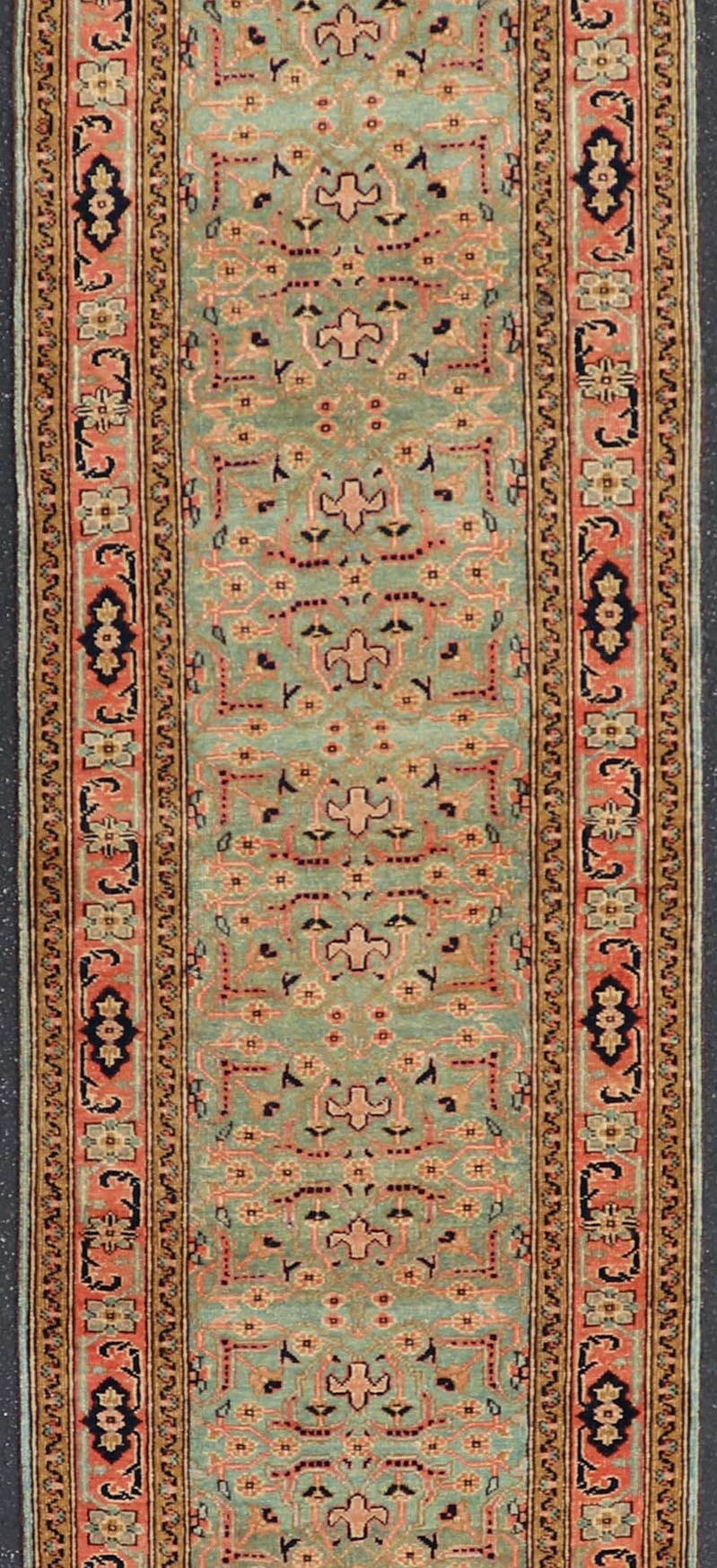 Oversized Vintage Turkish Oushak Runner with All - Over Sub - Geometric Design This Oversized Vintage Turkish Oushak Runner features an all - over sub - geometric design set upon a green background. The entirety of the piece is enclosed within a compl... - Keivan Woven ArtsL11 - 0106 - 2370Rug