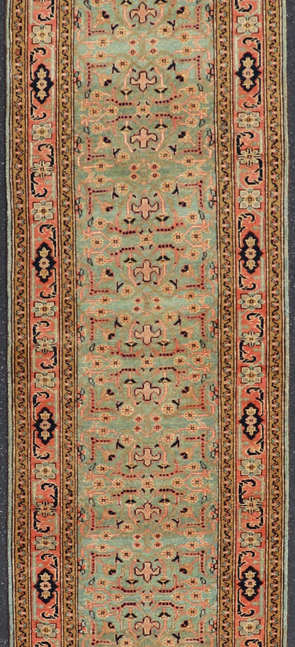 Oversized Vintage Turkish Oushak Runner with All - Over Sub - Geometric Design This Oversized Vintage Turkish Oushak Runner features an all - over sub - geometric design set upon a green background. The entirety of the piece is enclosed within a compl... - Keivan Woven ArtsL11 - 0106 - 2370Rug