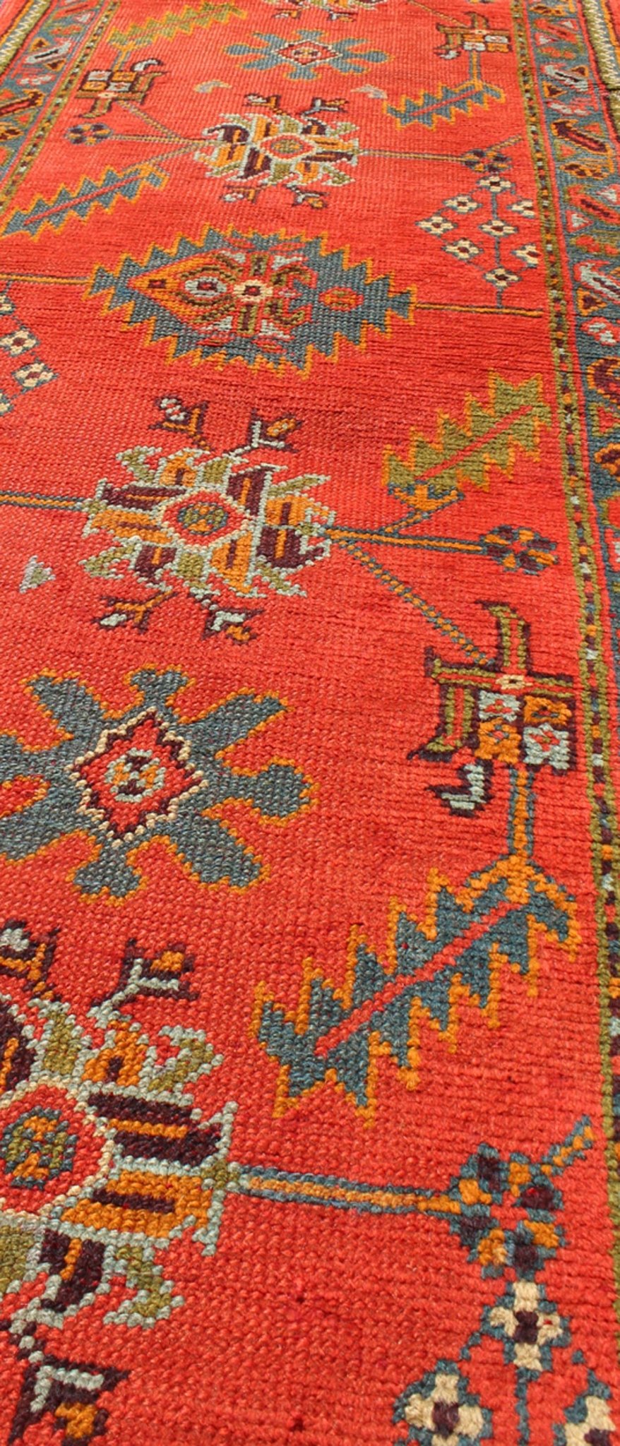 Bright red antique Turkish Oushak runner with Sub - geometric tribal motifs, rug l11 - 0304, country of origin / type: Turkey / Oushak, circa 1920 This antique Oushak runner features a unique blend of cheerful colors and an intricately beautiful des... - Keivan Woven ArtsL11 - 0304 - 2537Rug