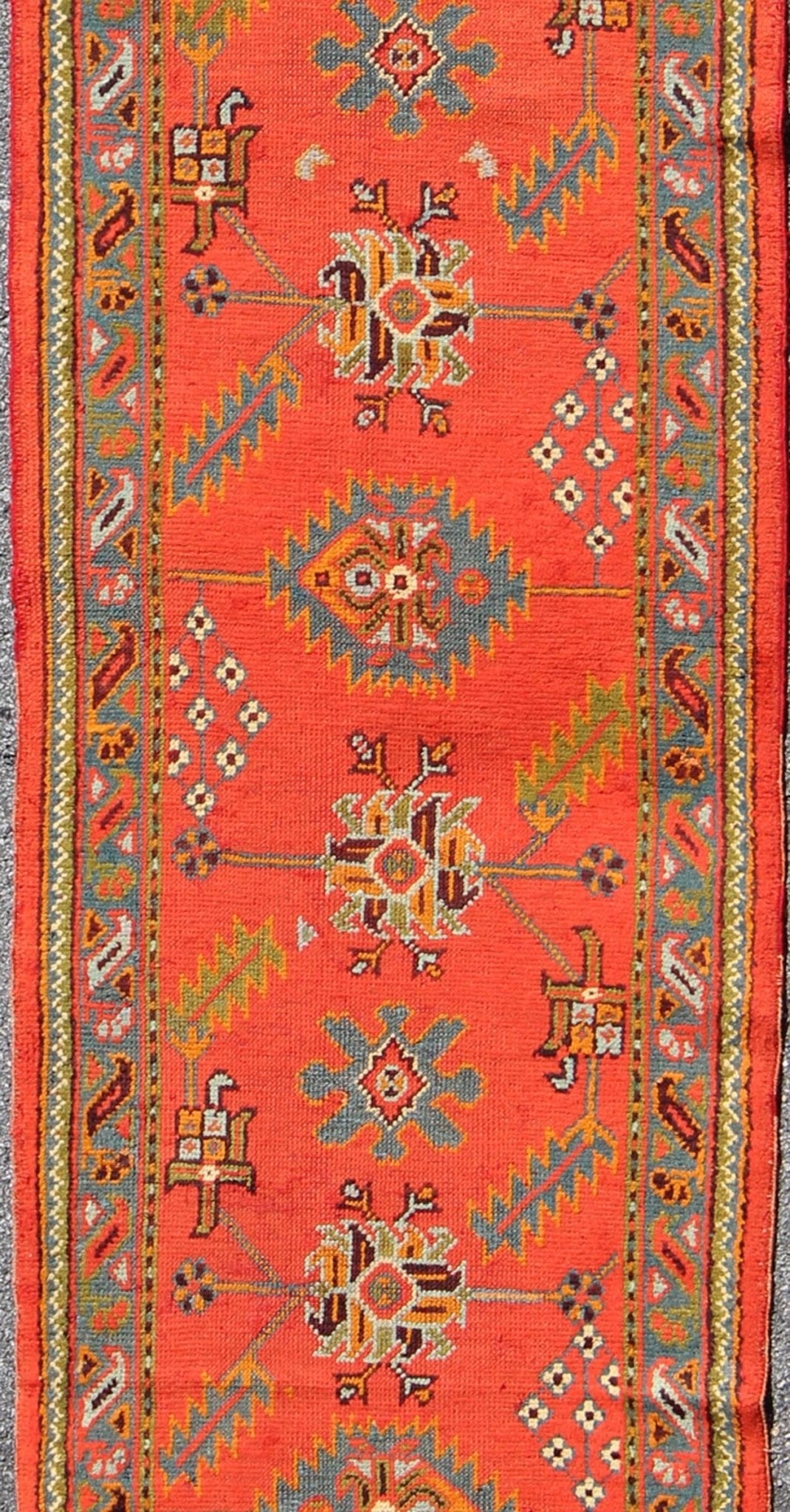 Bright red antique Turkish Oushak runner with Sub - geometric tribal motifs, rug l11 - 0304, country of origin / type: Turkey / Oushak, circa 1920 This antique Oushak runner features a unique blend of cheerful colors and an intricately beautiful des... - Keivan Woven ArtsL11 - 0304 - 2537Rug