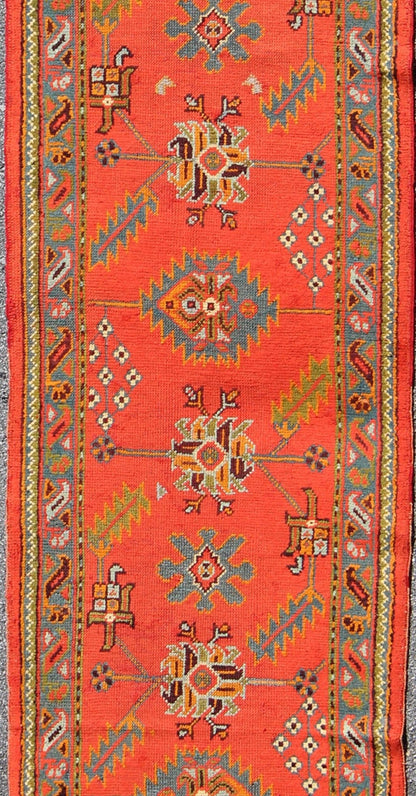 Bright red antique Turkish Oushak runner with Sub - geometric tribal motifs, rug l11 - 0304, country of origin / type: Turkey / Oushak, circa 1920 This antique Oushak runner features a unique blend of cheerful colors and an intricately beautiful des... - Keivan Woven ArtsL11 - 0304 - 2537Rug