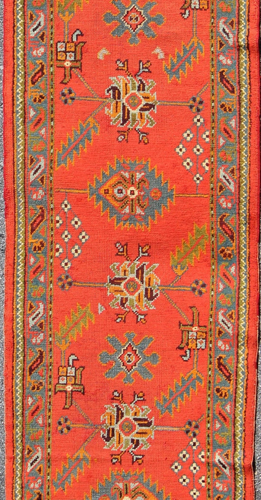 Bright red antique Turkish Oushak runner with Sub - geometric tribal motifs, rug l11 - 0304, country of origin / type: Turkey / Oushak, circa 1920 This antique Oushak runner features a unique blend of cheerful colors and an intricately beautiful des... - Keivan Woven ArtsL11 - 0304 - 2537Rug