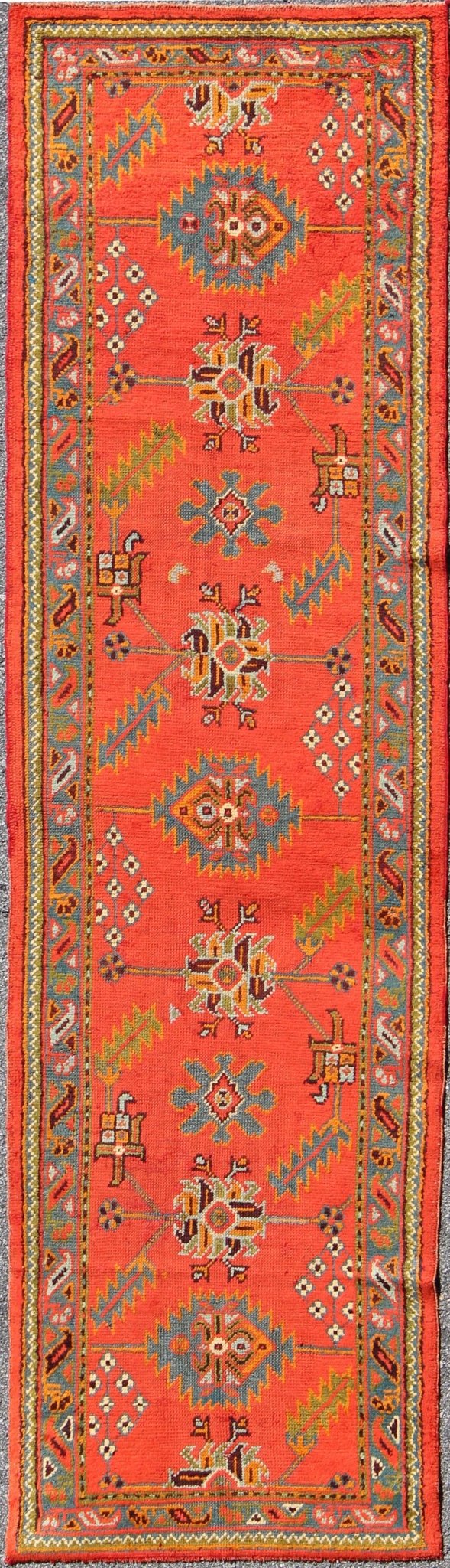 Bright red antique Turkish Oushak runner with Sub - geometric tribal motifs, rug l11 - 0304, country of origin / type: Turkey / Oushak, circa 1920 This antique Oushak runner features a unique blend of cheerful colors and an intricately beautiful des... - Keivan Woven ArtsL11 - 0304 - 2537Rug