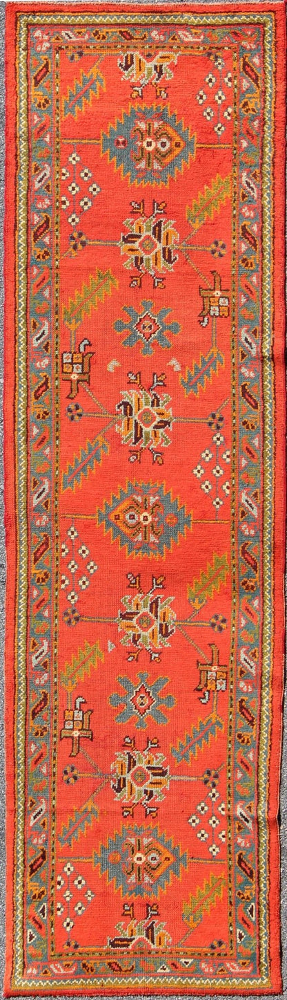 Bright red antique Turkish Oushak runner with Sub - geometric tribal motifs, rug l11 - 0304, country of origin / type: Turkey / Oushak, circa 1920 This antique Oushak runner features a unique blend of cheerful colors and an intricately beautiful des... - Keivan Woven ArtsL11 - 0304 - 2537Rug