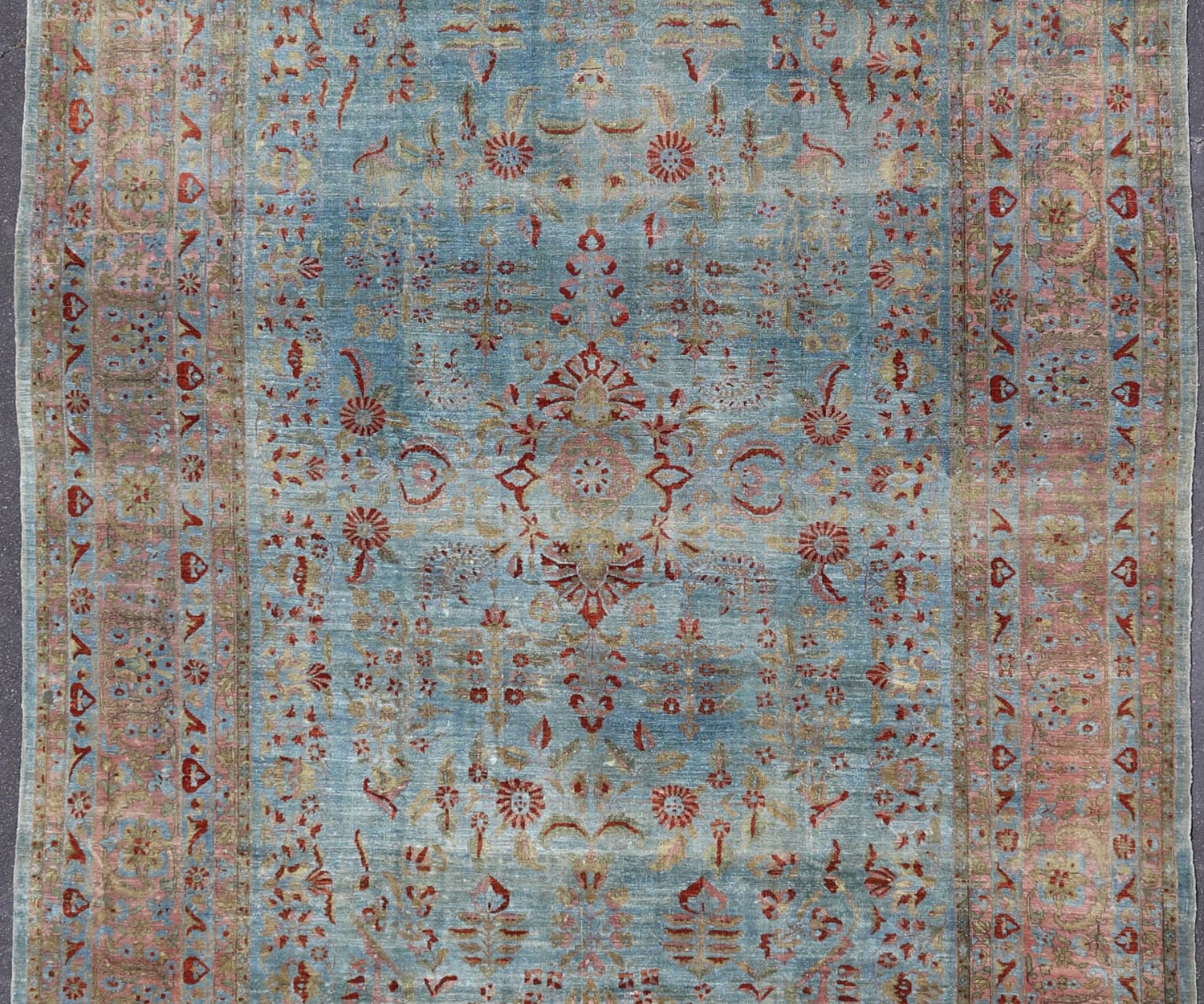 Blue background antique Persian Sarouk rug with red and acid green florals. Keivan Woven Arts / rug L11 - 0305, country of origin / type: Iran / Sarouk Farahan, circa 1910 Measures: 10'11 x 17'2 This outstanding antique Farahan Sarouk carpet (circa... - Keivan Woven ArtsL11 - 0305 - 2573Rug