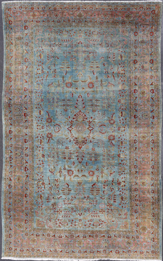 Blue background antique Persian Sarouk rug with red and acid green florals. Keivan Woven Arts / rug L11 - 0305, country of origin / type: Iran / Sarouk Farahan, circa 1910 Measures: 10'11 x 17'2 This outstanding antique Farahan Sarouk carpet (circa... - Keivan Woven ArtsL11 - 0305 - 2573Rug