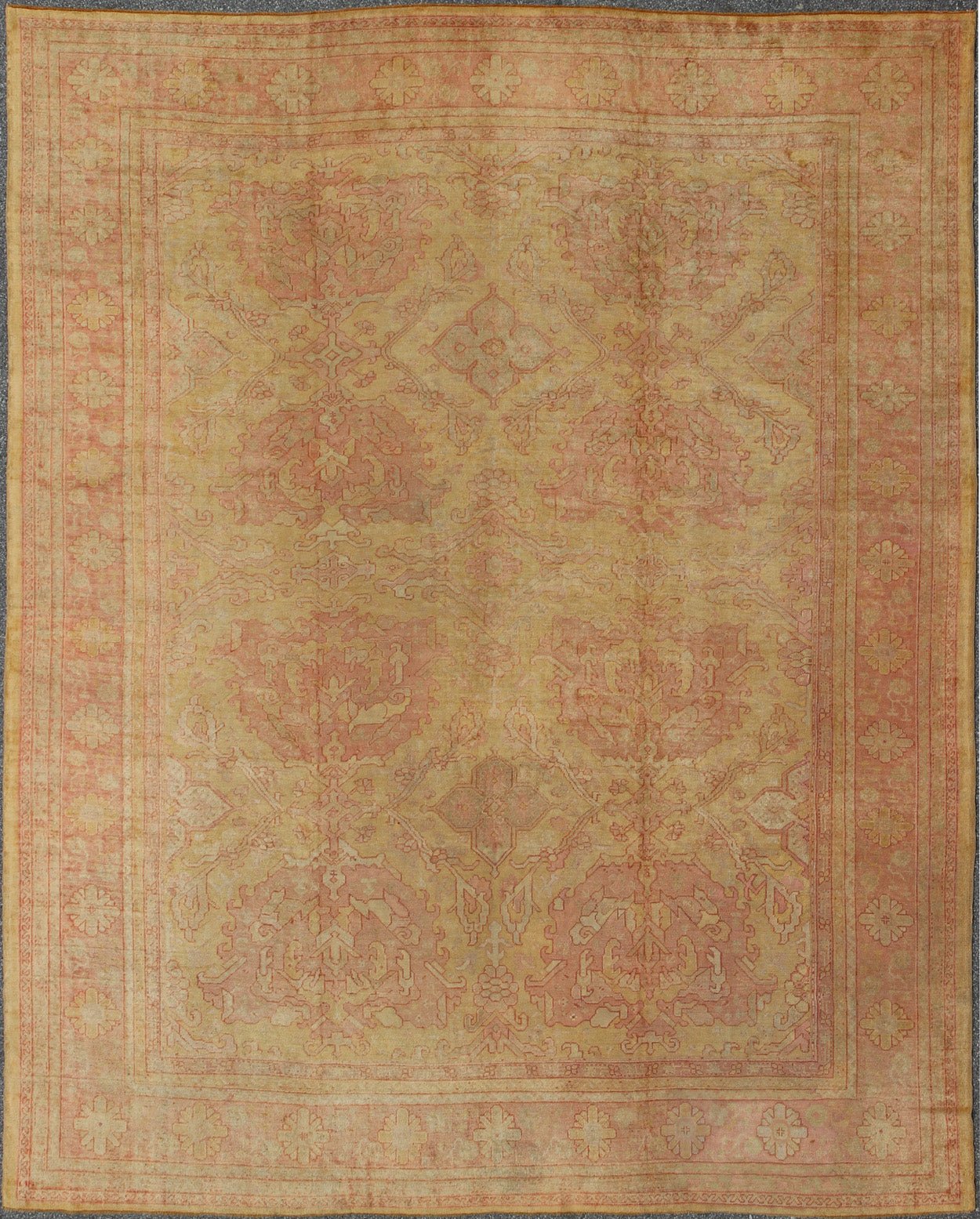 Antique Turkish Oushak rug with large floral motifs in creamy yellow, muted coral, Keivan Woven Arts / rug L11 - 0405 country of origin / type: Turkey / Oushak, circa Early - 20th century. This antique Turkish Oushak carpet features eight central large... - Keivan Woven ArtsL11 - 0405 - 2555Rug